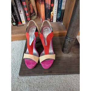 Joan Oloff Women's 38.5 US 8.5 Pink Red Peep Open Toe Pumps Heels Leather Italy